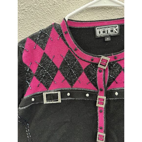 The Collective Works of Berek Womens Sweater Size Medium Argyle Trim Buckle Up - Picture 2 of 9